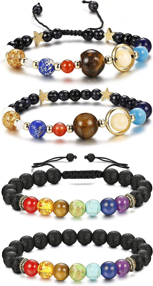 4 Pcs Solar System & Chakra Stone Diffuser Bead Bracelets Set